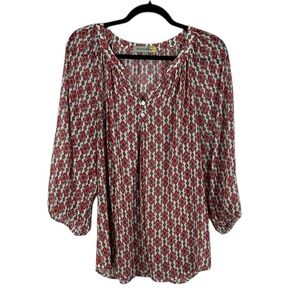 Figueroa & Flower Boho Geometric Sheer Long Sleeve V Neck Blouse Large Red Pink